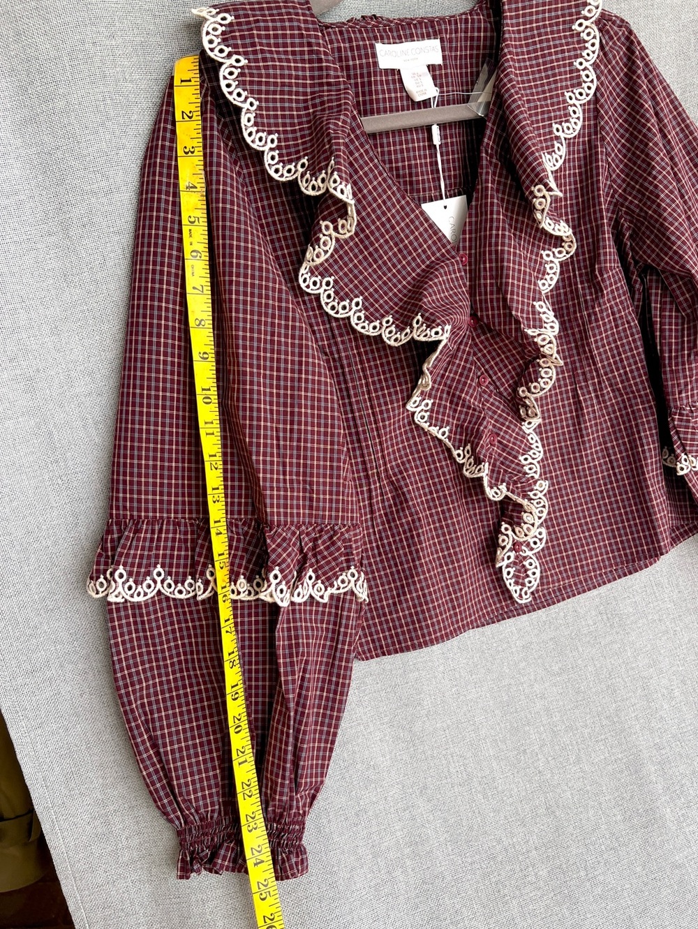 Caroline Constas Ruffled Plaid Embroidered wide long sleeve Cotton blouse size S - Picture 10 of 13